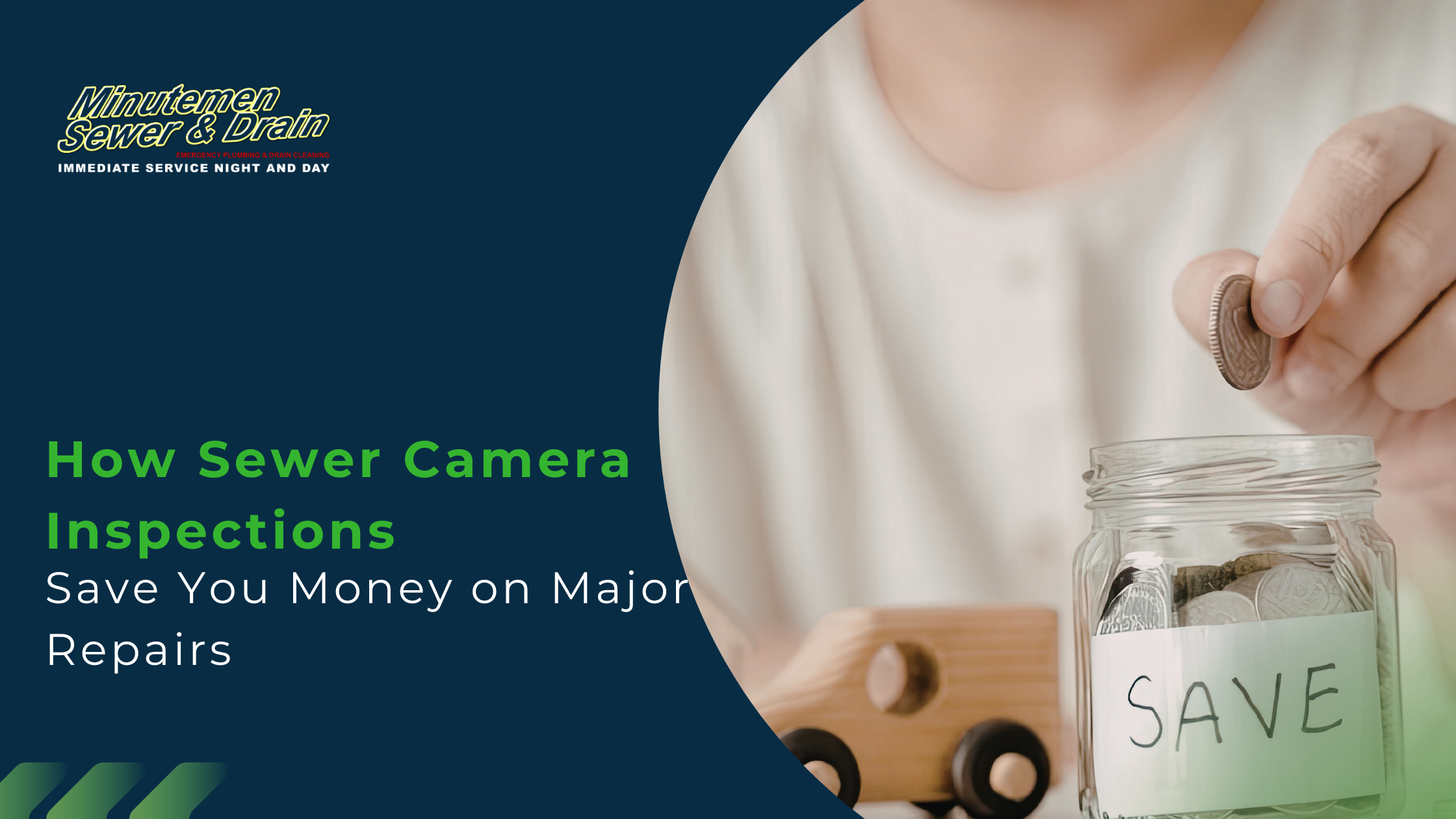 Hero banner for Minutemen Sewer & Drain: dark blue field with curved cutout, hand inserting a coin into a jar labeled SAVE, and headline about sewer camera inspections saving you money.