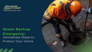 Emergency plumbing banner: worker in orange safety gear near an open manhole, signaling a sewer backup service.