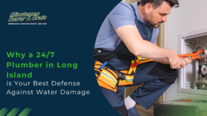 Plumber in work uniform using a pipe wrench to fix a pipe under a sink; emergency plumbing banner and logo visible in background on a dark blue panel.