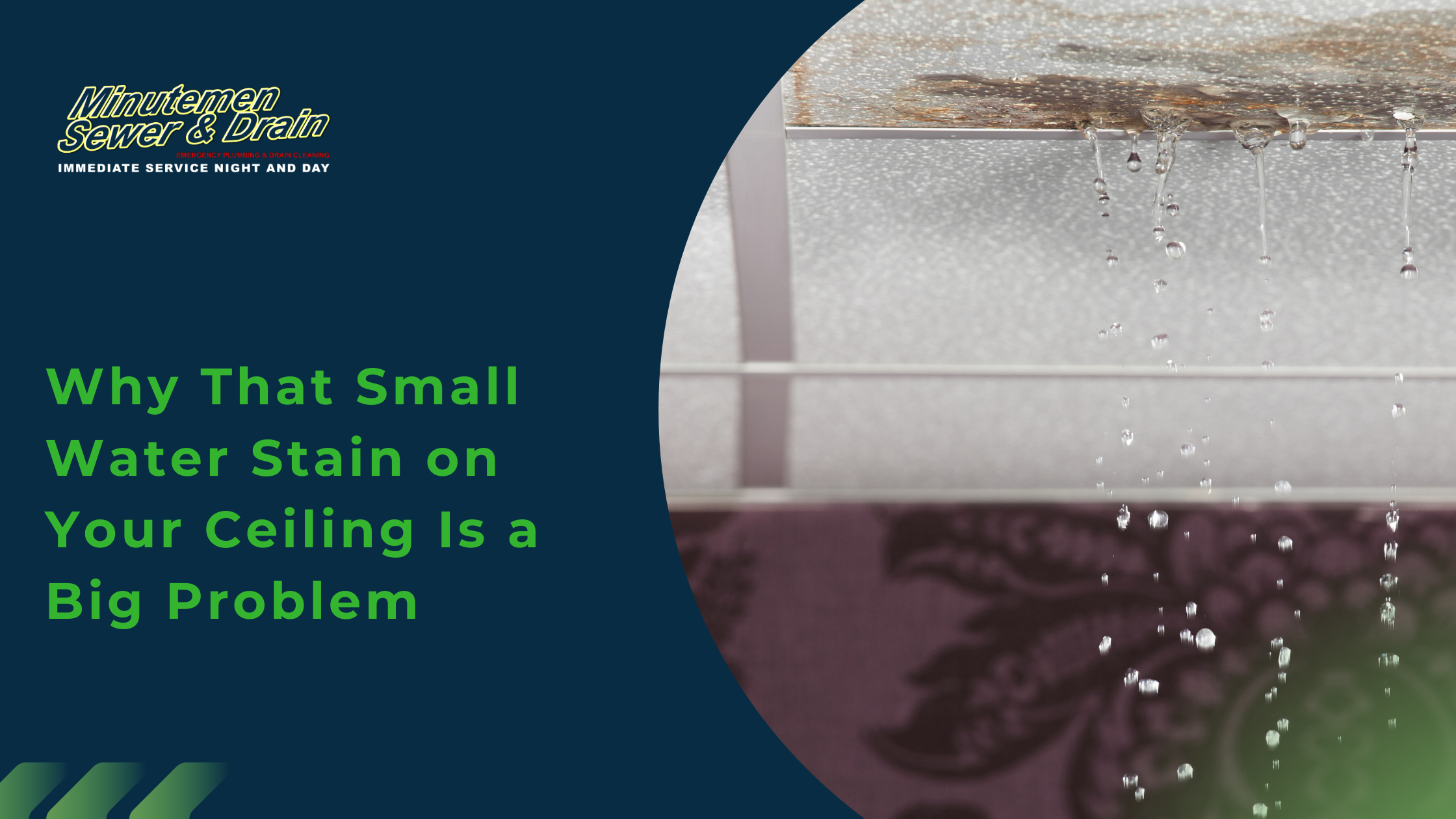 Hero banner for an article: company logo on dark blue background with a curved divider and a bold green headline about ceiling water stains.