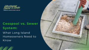 Hero banner for Minutemen Sewer & Drain: dark blue curved background, logo, and green headline about cesspool vs. sewer with a worker inserting a green hose into an open access pit.