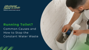 Banner image for a plumbing article: logo on dark blue background with curved white cutout revealing a person inspecting a toilet tank; title reads 'Running Toilet?'.