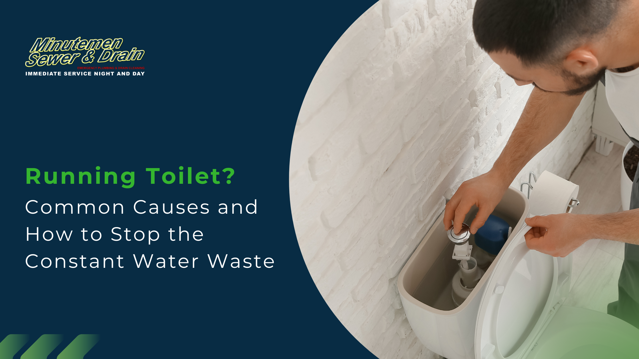 Banner image for a plumbing article: logo on dark blue background with curved white cutout revealing a person inspecting a toilet tank; title reads 'Running Toilet?'.